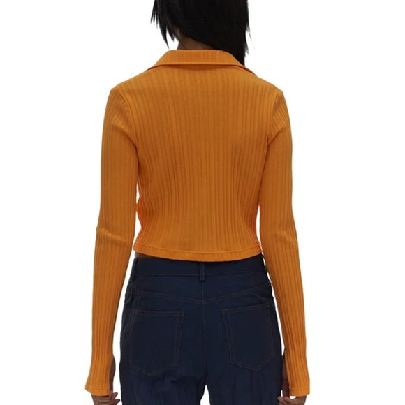 Helmet Lang Textured Stripe Crop Apricot Cotton Polo Shirt - Picture 5 of 13